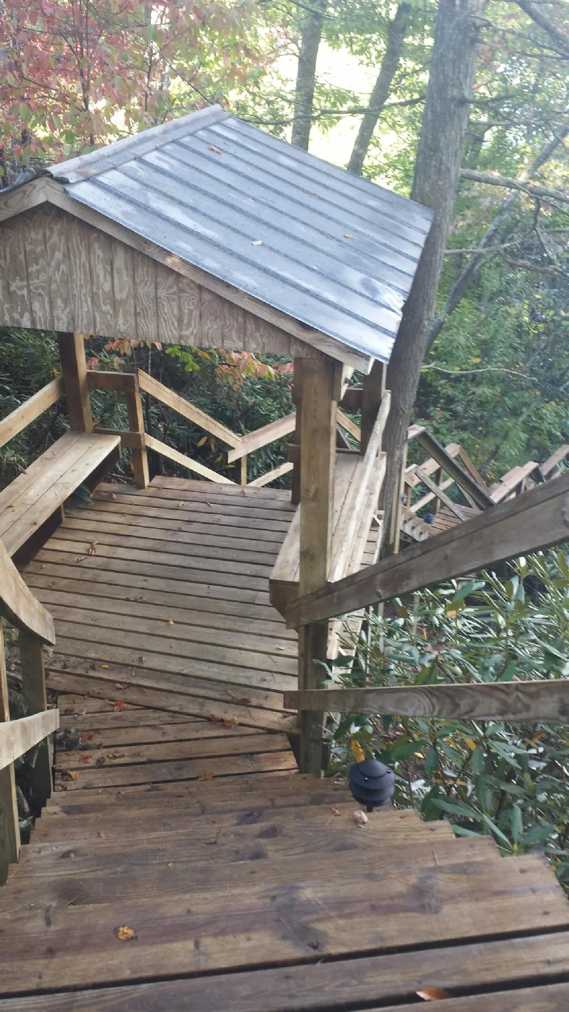 Metal roofed shelter over wooden steps on a wooded walkway — Skylight Repair & Installation work by our crew in Purcell